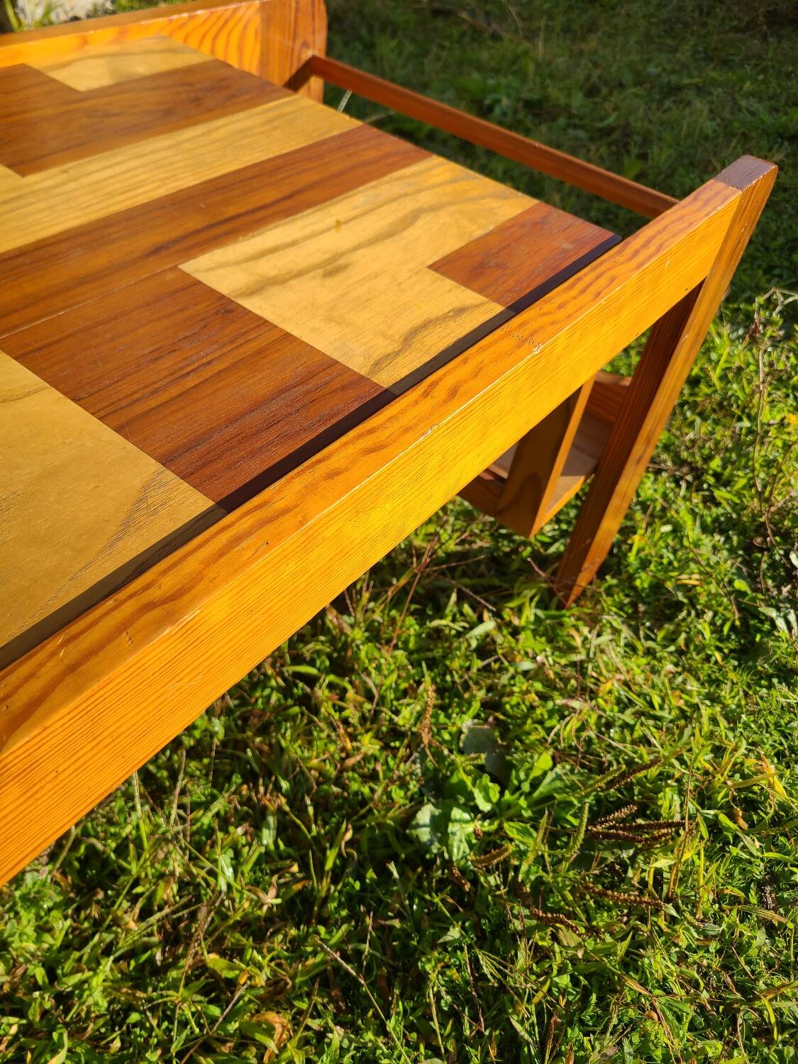 Pine coffee table, 1970s marquetry top, vinyl record rack.