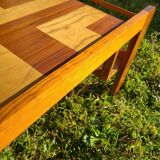 Pine coffee table, 1970s marquetry top, vinyl record rack.