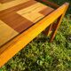 Pine coffee table, 1970s marquetry top, vinyl record rack.