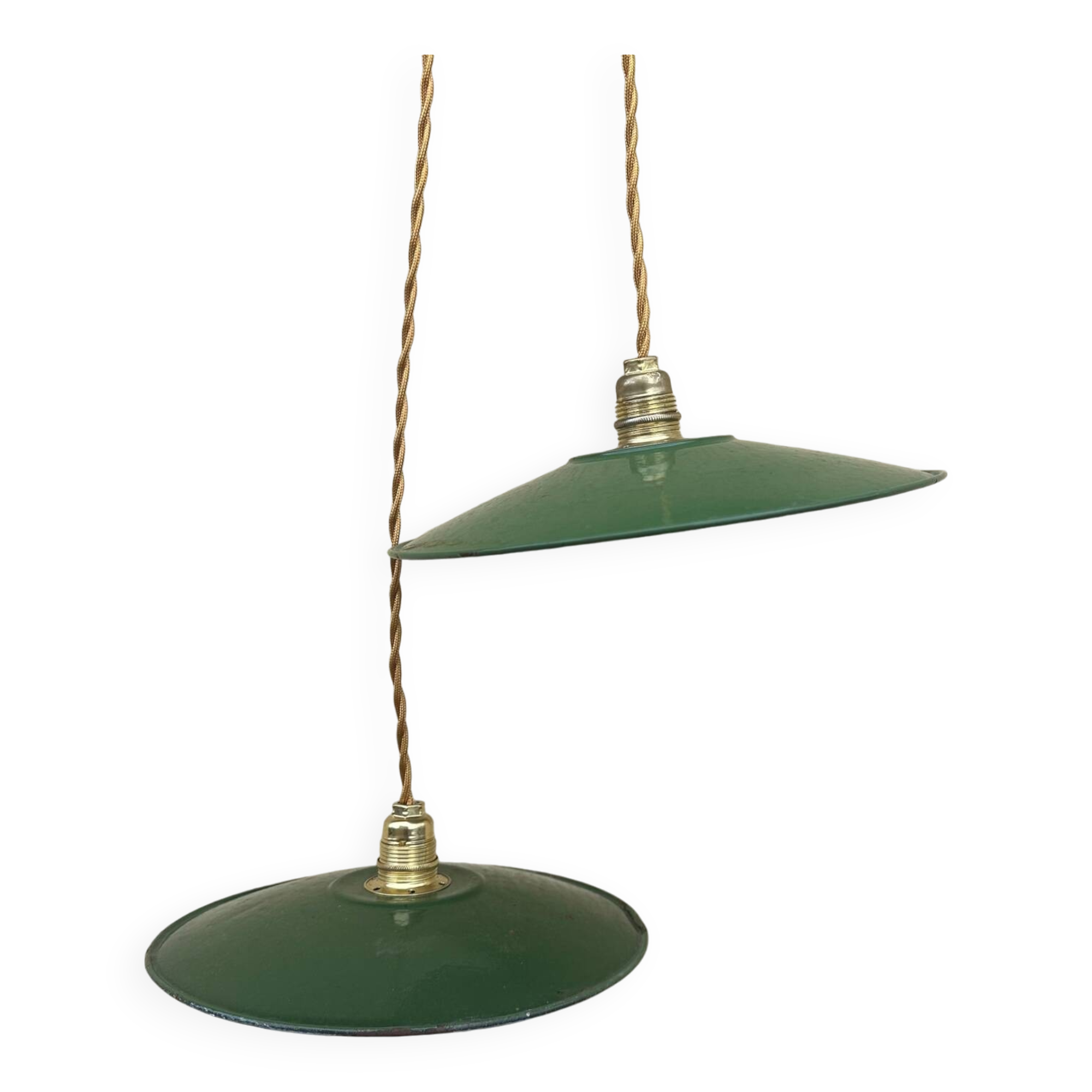 Pair of old pendant lights in green and white enamelled sheet metal, industrial style, retro farmhouse