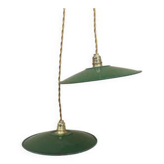 Pair of old pendant lights in green and white enamelled sheet metal, industrial style, retro farmhouse
