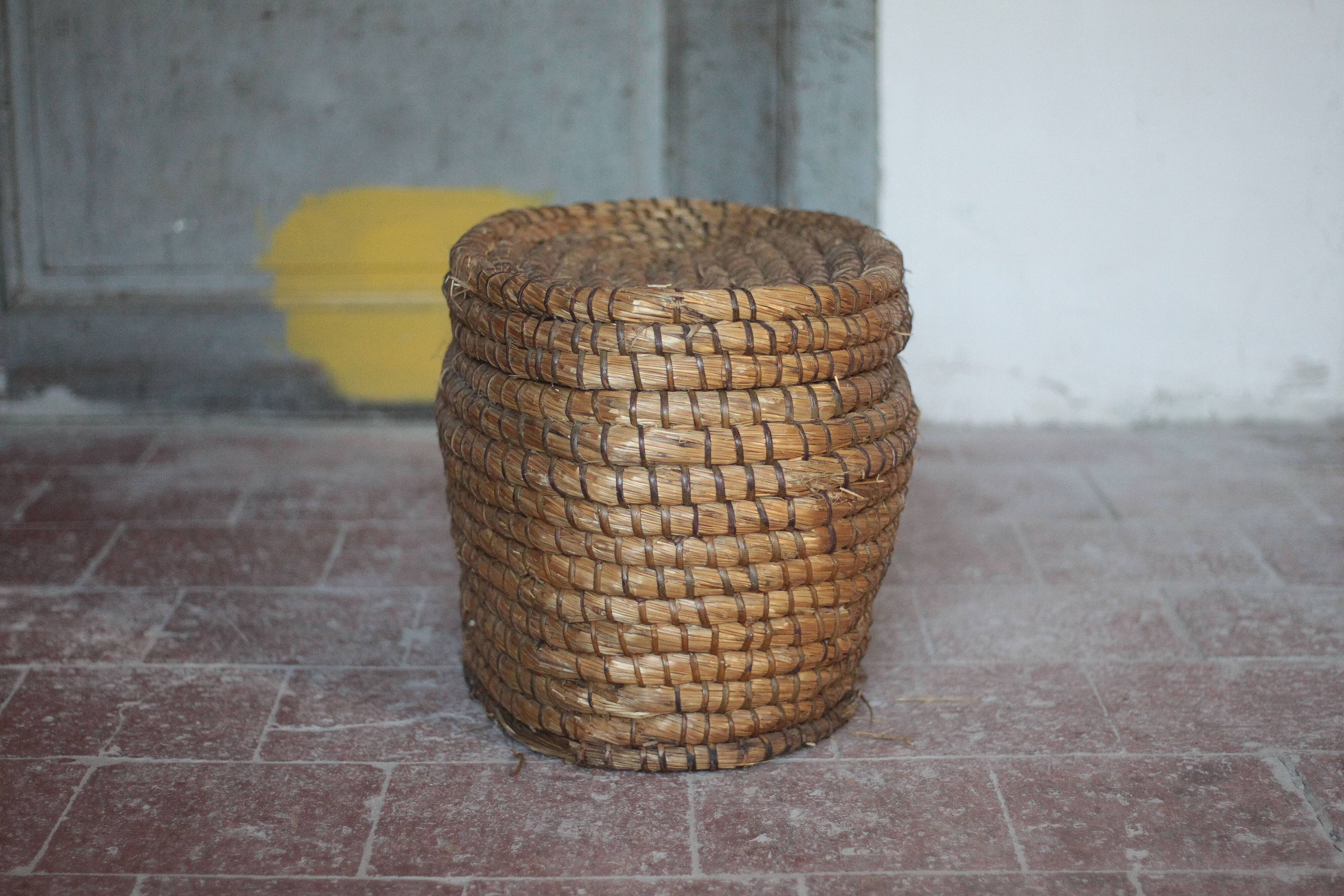 Antique basket, straw and bramble, woven basket with lid