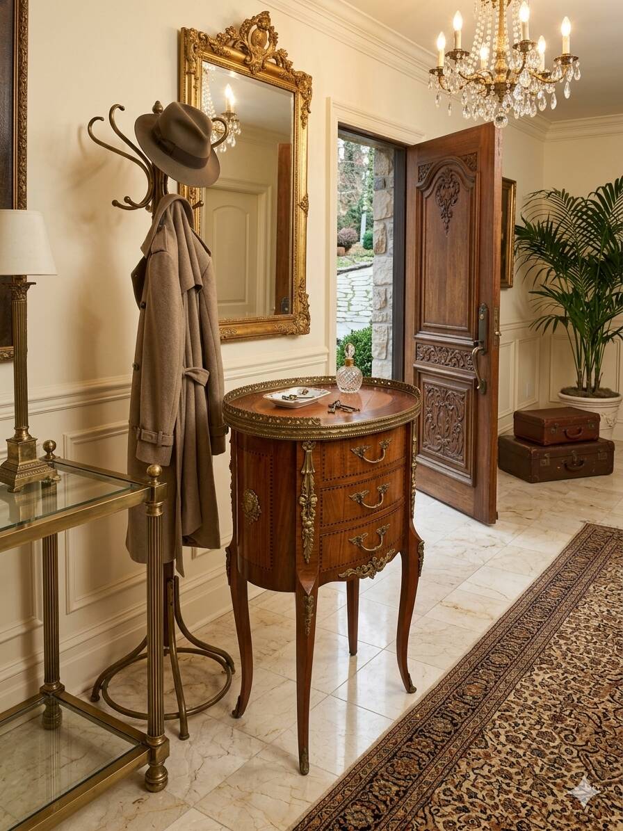 Oval bedside table in Louis XV style with marquetry.