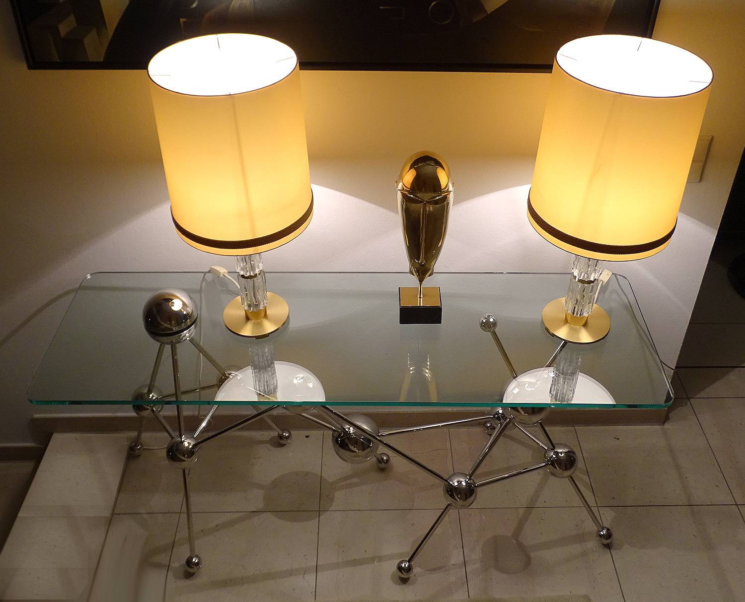 Pair Large Vintage Lamps, Glass & Brass