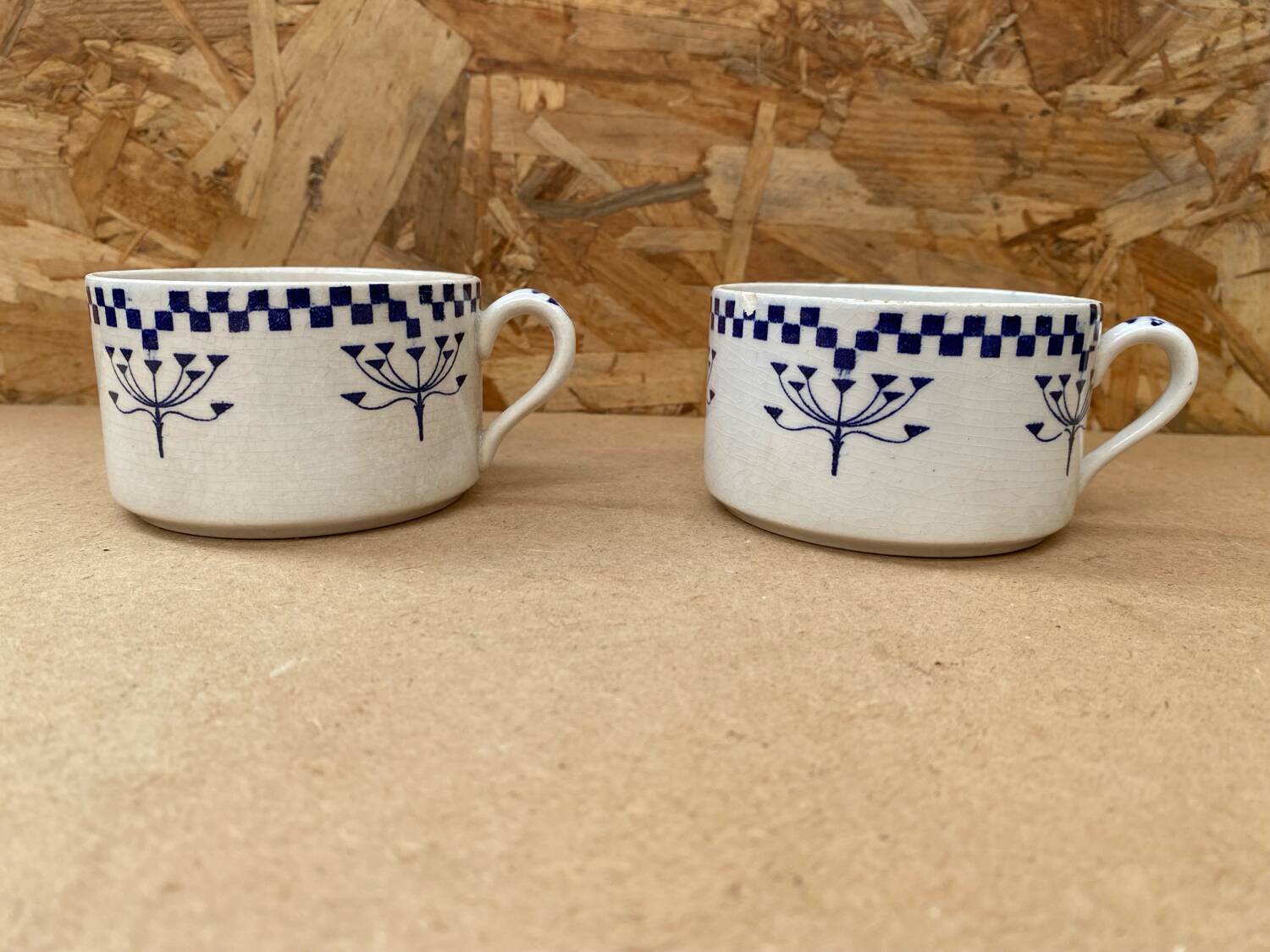 Pair Antique Creil & Montereau Mug Checkerboard Pattern Ceramic France