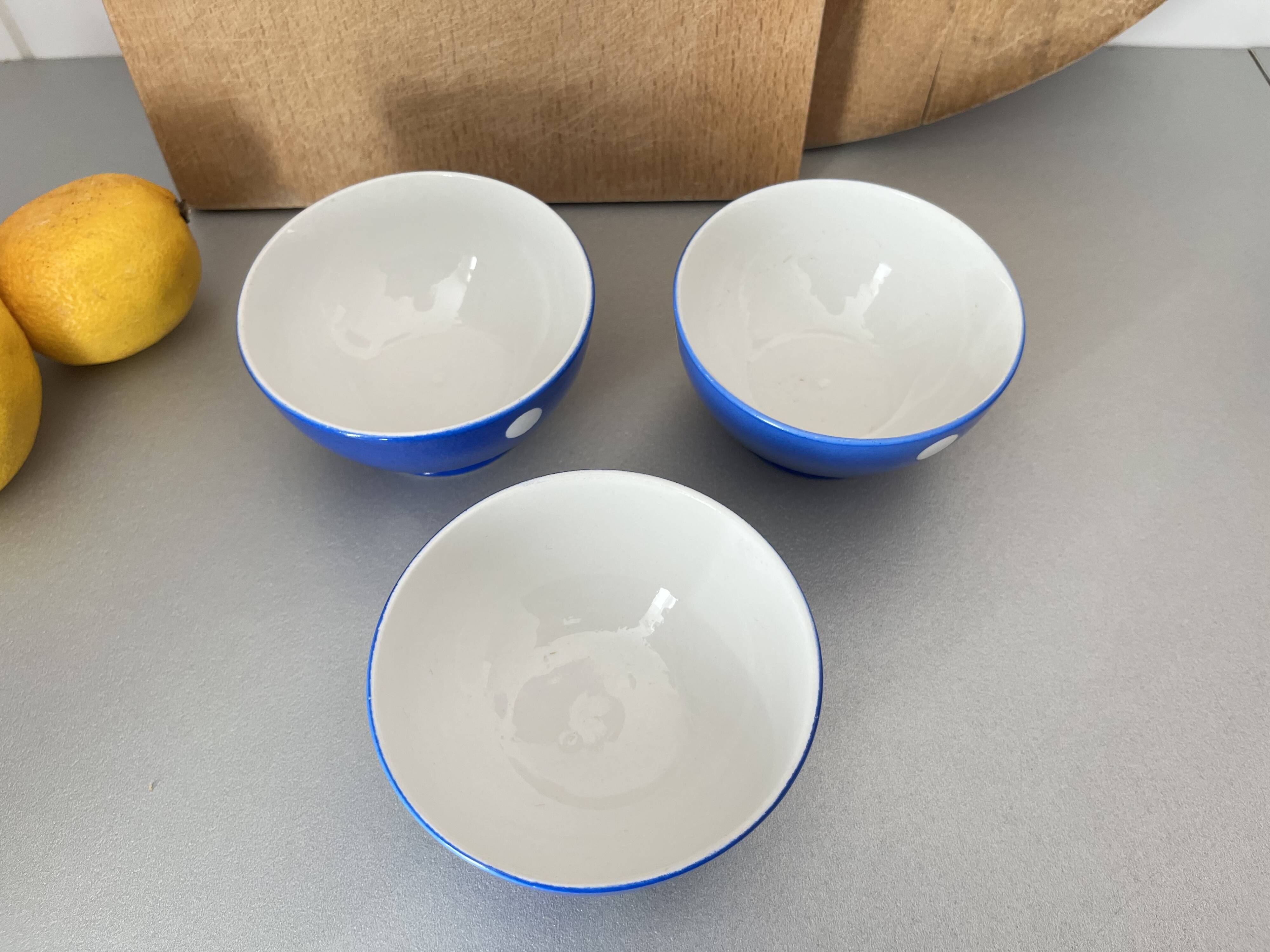 Old Longchamp porcelain bowls with blue dots