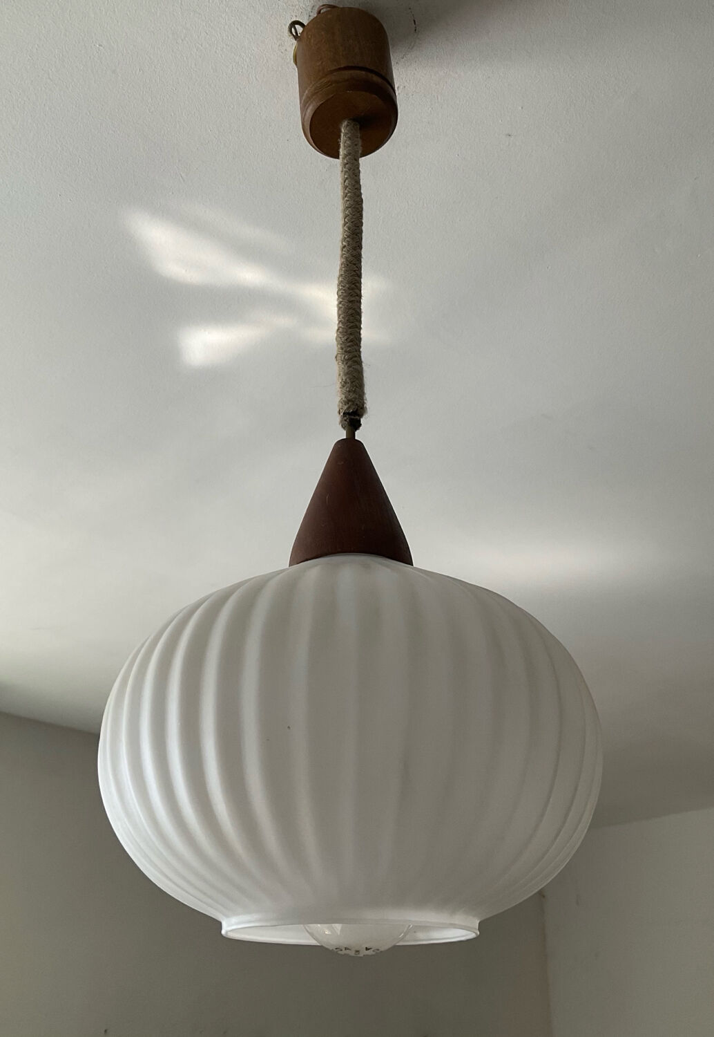 Louis Kalff pendant light in opaline and teak from the 1960s