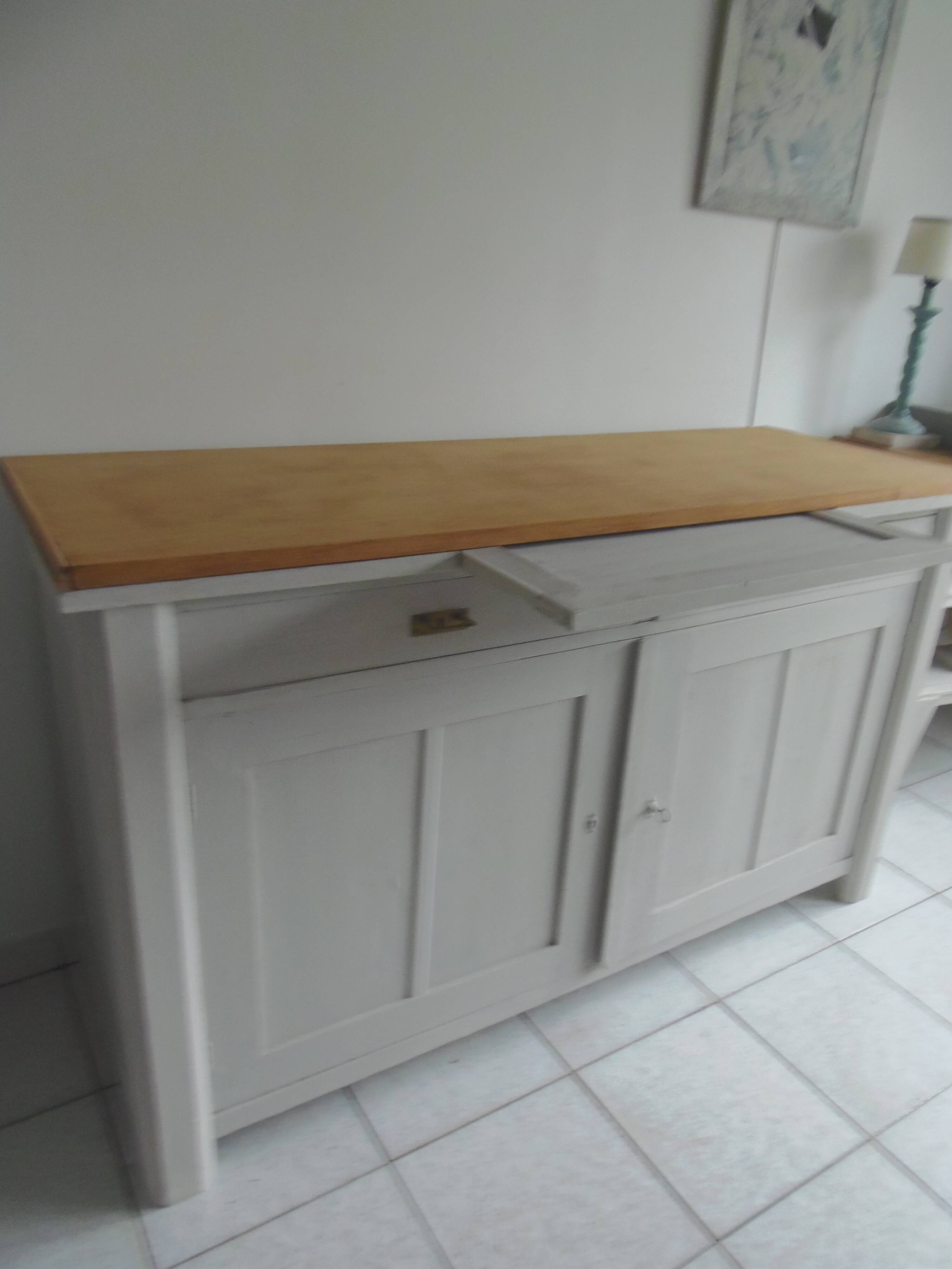 Vintage sideboard, 2 drawers, 1 shelf, 2 pearl gray patinated doors, wooden top.