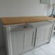 Vintage sideboard, 2 drawers, 1 shelf, 2 pearl gray patinated doors, wooden top.