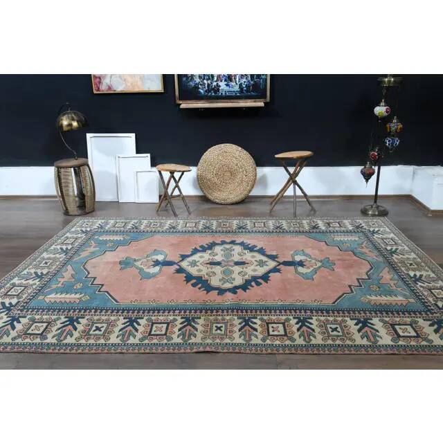 1970s Turkish Oushak Handmade Wool Cotton Pink Blue Area Rug 196x286
