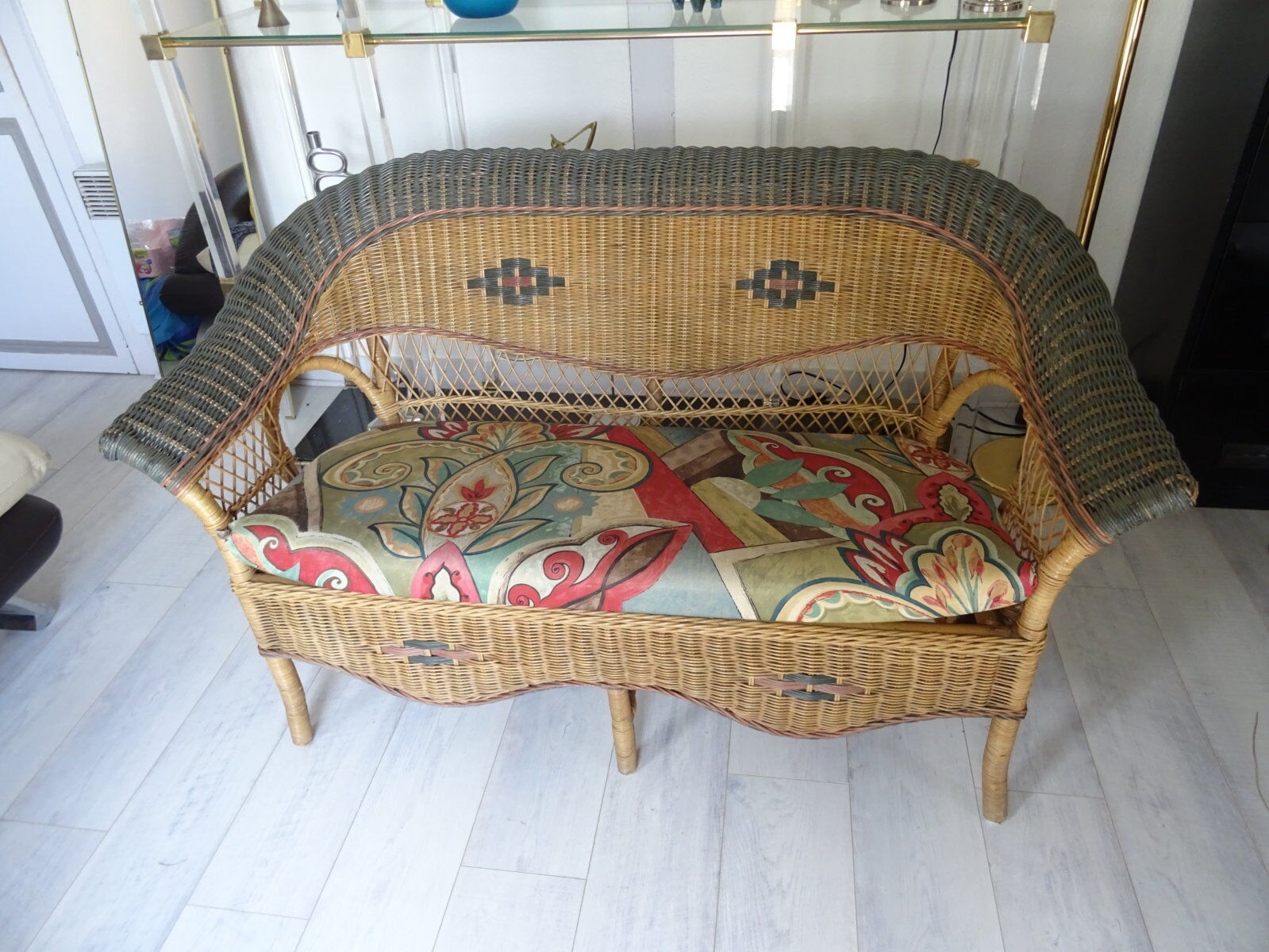 Vintage rattan lounge: one bench, two armchairs