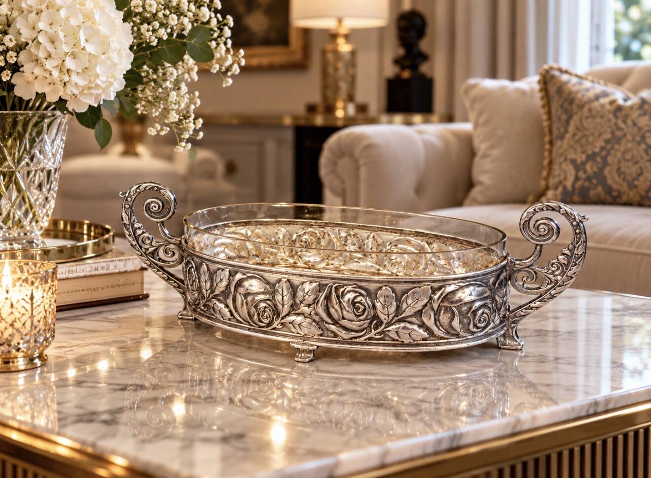 Antique Silver Cup Rose Silver & Crystal Jardiniere Decorative Bowl Cup