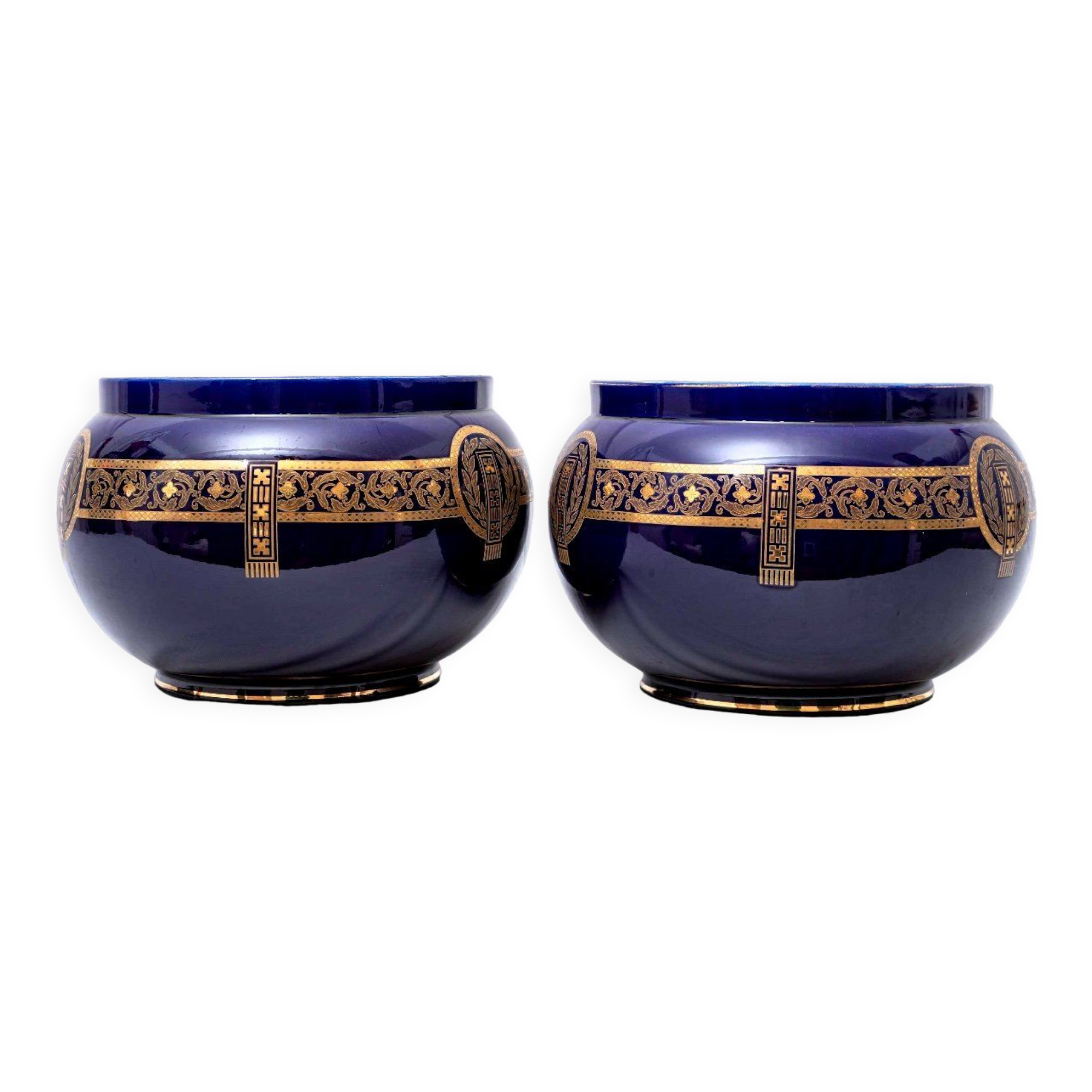 Pair of pot covers - signed and numbered sarreguemines - dark cobalt blue - xixth