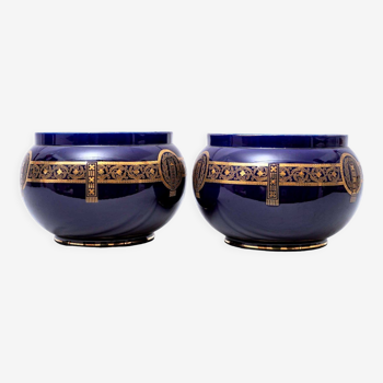 Pair of pot covers - signed and numbered sarreguemines - dark cobalt blue - xixth