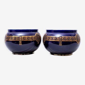 Paire de cache-pots - signée et numérotée sarreguemines - bleu cobalt foncé - xixème