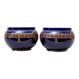 Paire de cache-pots - signée et numérotée sarreguemines - bleu cobalt foncé - xixème
