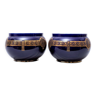 Pair of pot covers - signed and numbered sarreguemines - dark cobalt blue - xixth