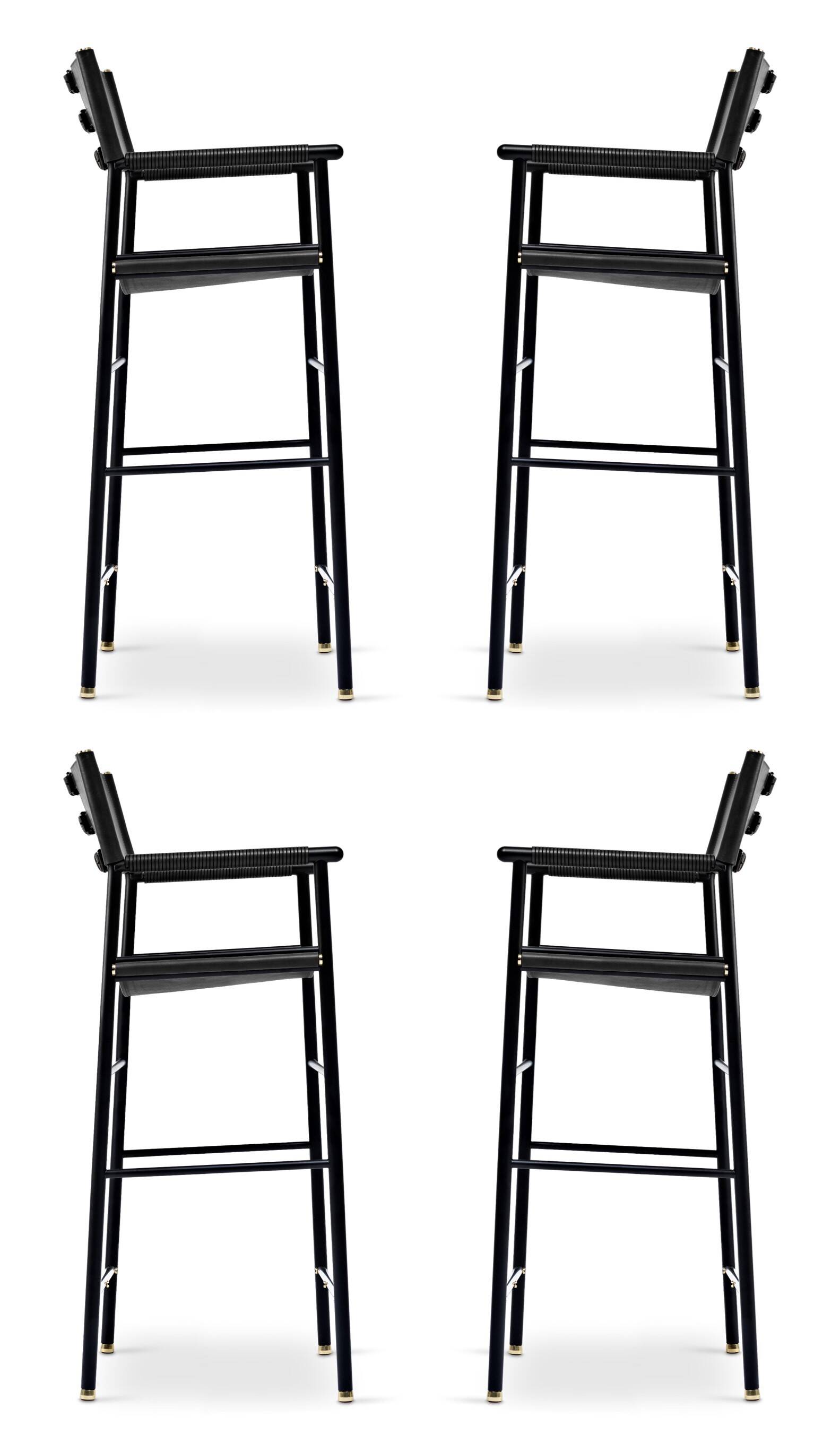 Set of 4 contemporary bar stools with black leather backrest and black rubber metal.