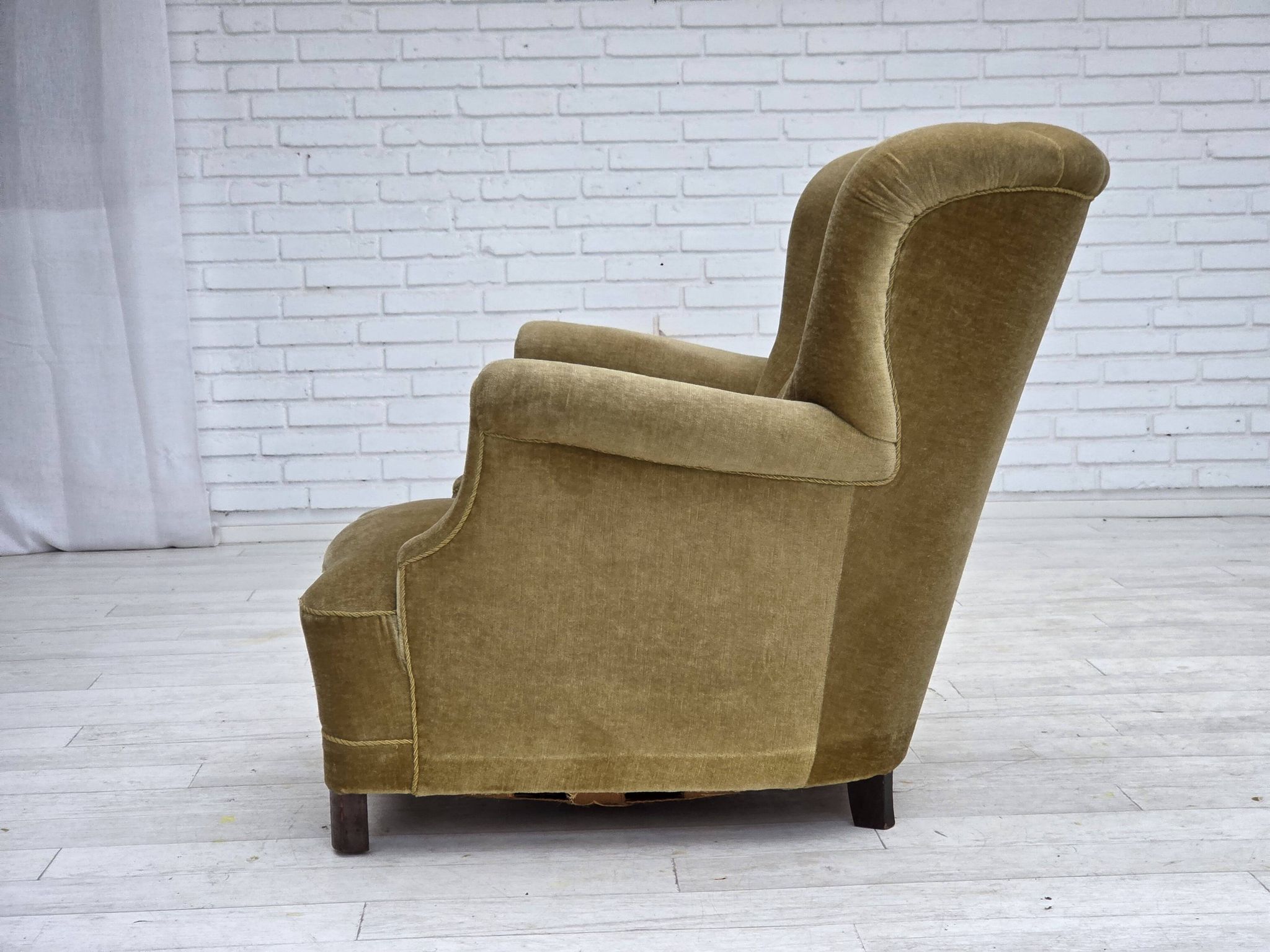 1960s, Danish armchair, green furniture velour, oak wood.