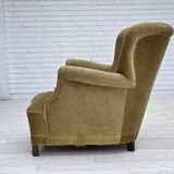 1960s, Danish armchair, green furniture velour, oak wood.