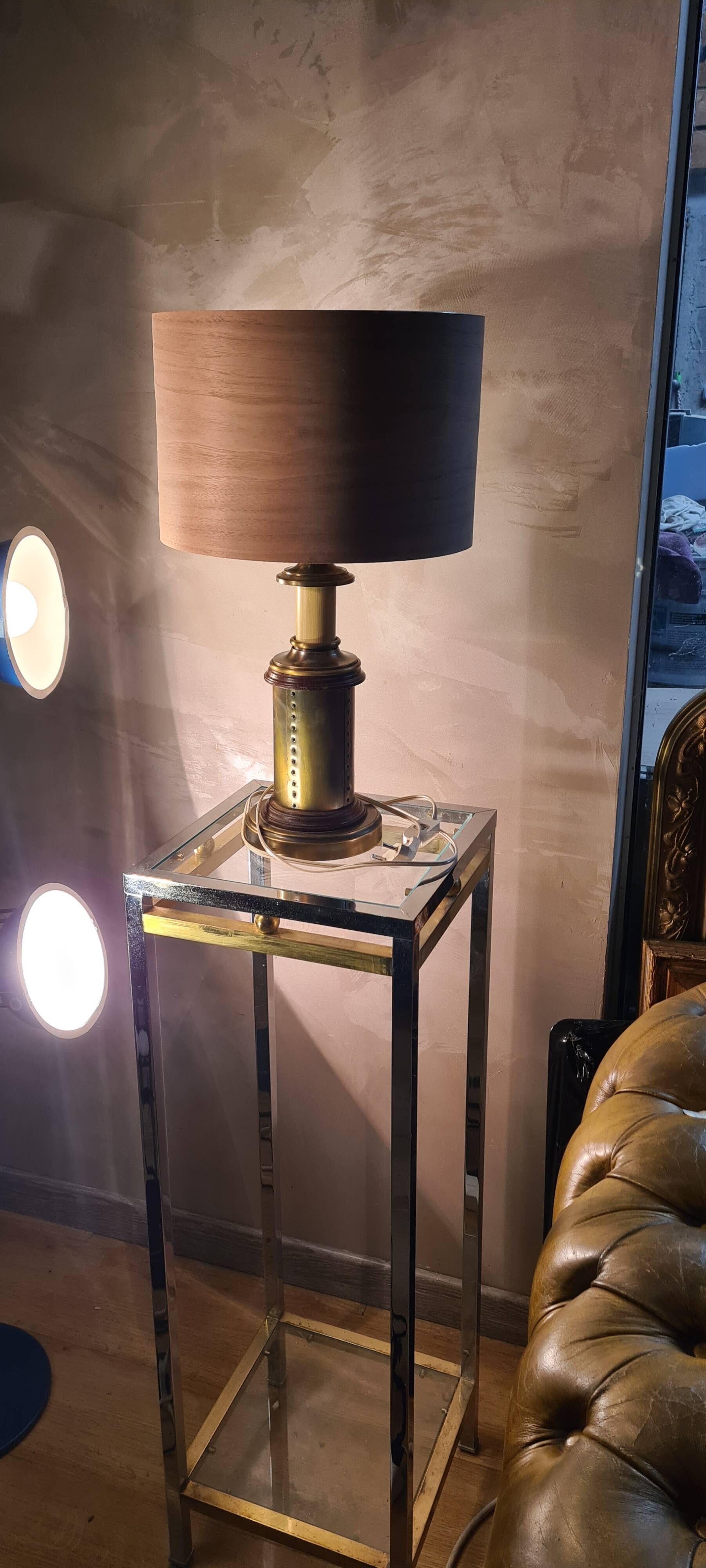 1970 wood and metal lamp in patinated riveted style with superb heavy lampshade in real wood sheet
