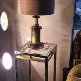 1970 wood and metal lamp in patinated riveted style with superb heavy lampshade in real wood sheet