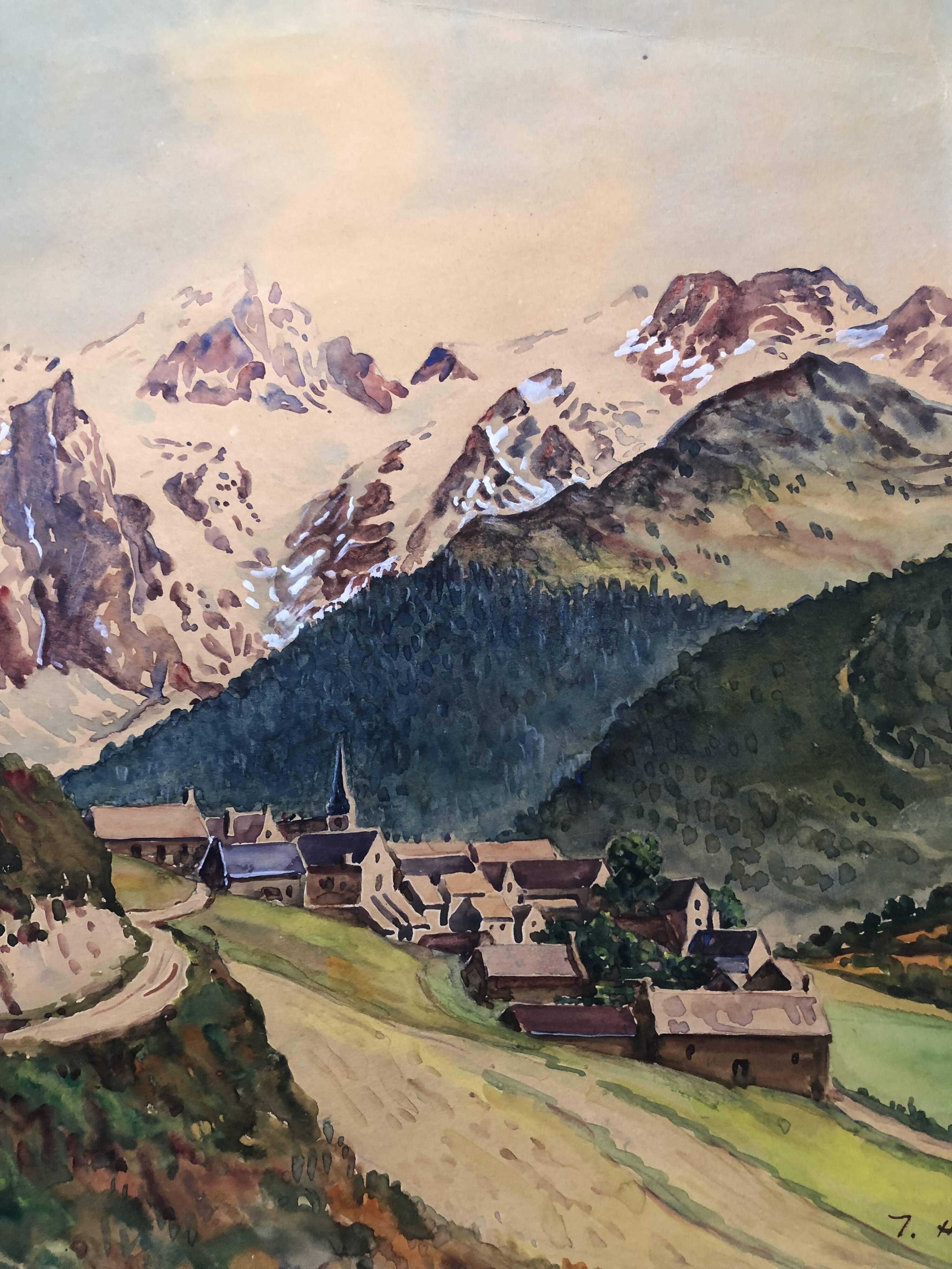 Watercolor painting mountain landscape by joseph hillion circa 1920 village alpes savoie, unframed
