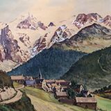 Watercolor painting mountain landscape by joseph hillion circa 1920 village alpes savoie, unframed