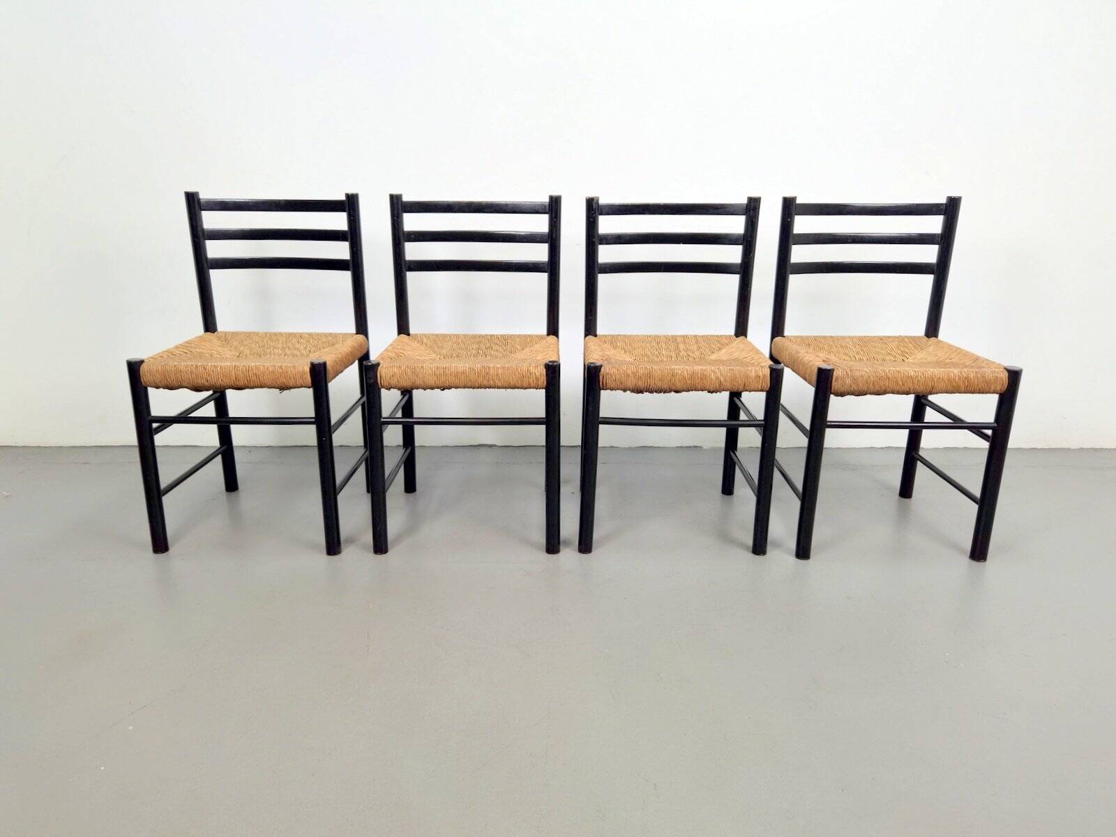 Mid-Century Dining Ladder Chairs with Rush Seats, 1960s, Set of 4