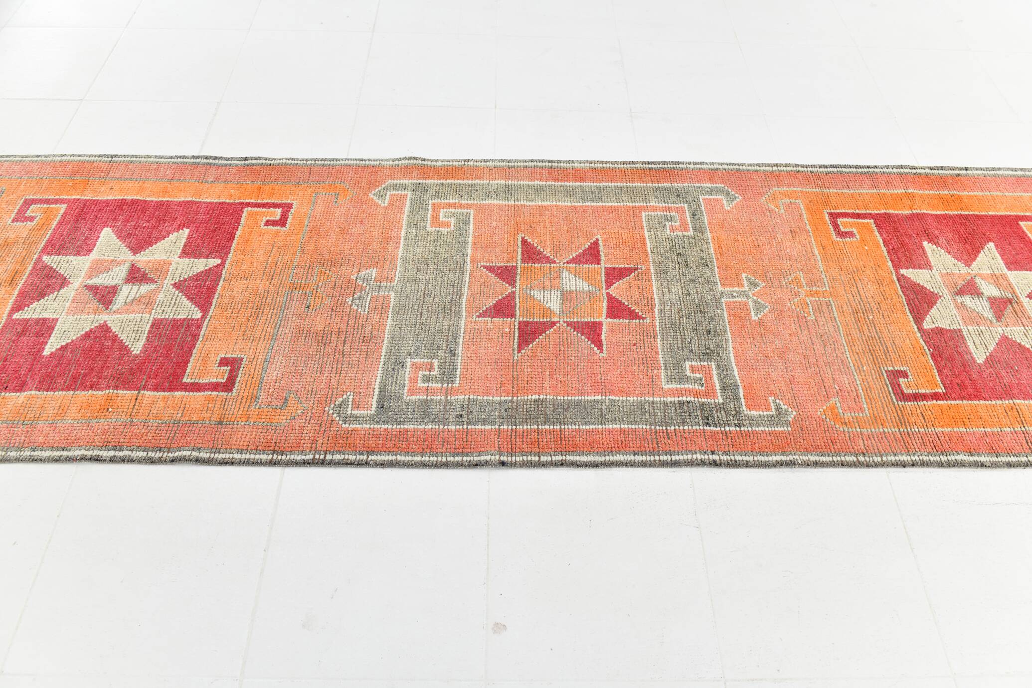 3x11 Crimson & Grey Boho Hallway Rug, Handmade Turkish Wool Rug, 93x342Cm