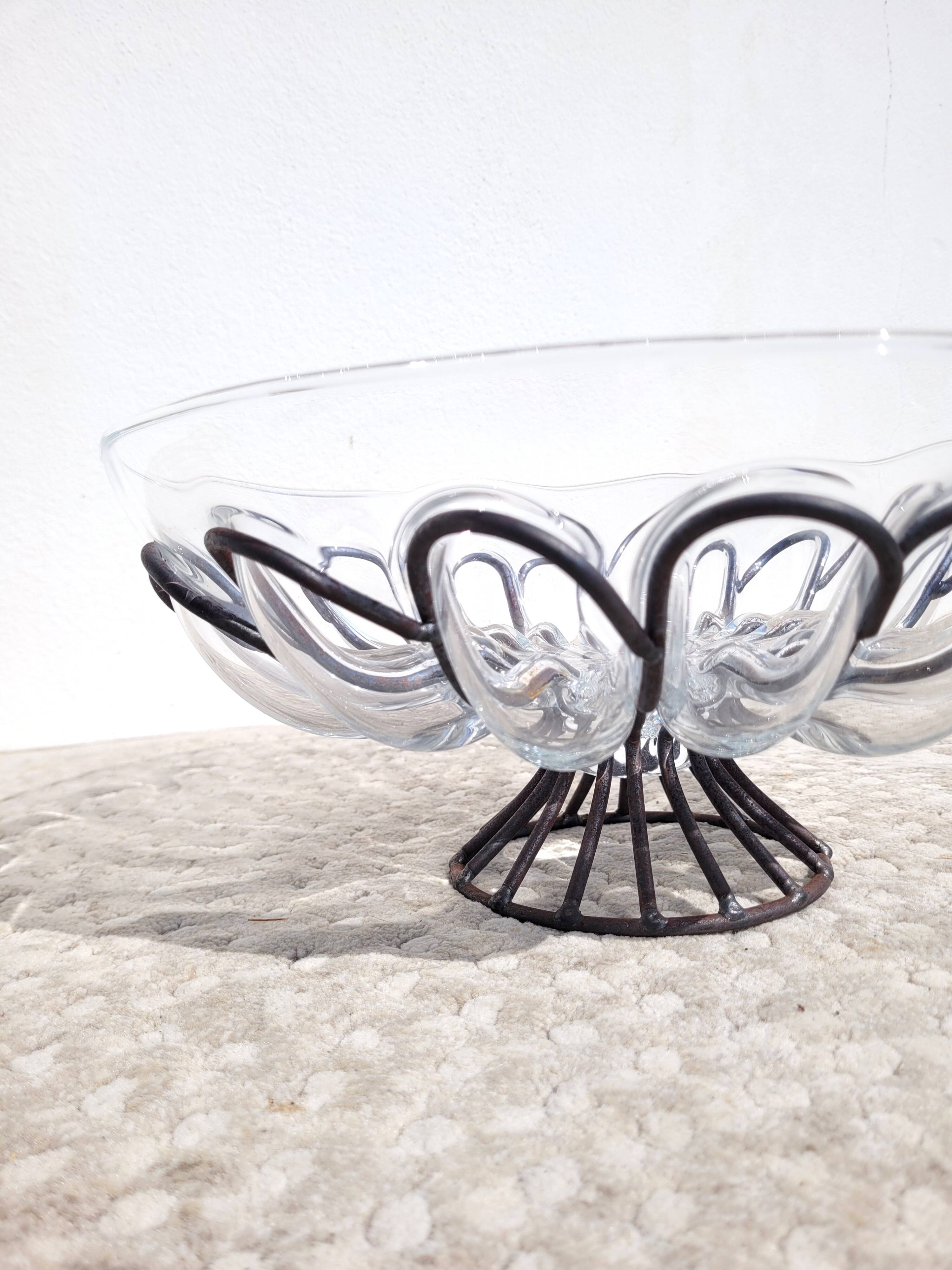 Large wrought iron and strained glass bowl