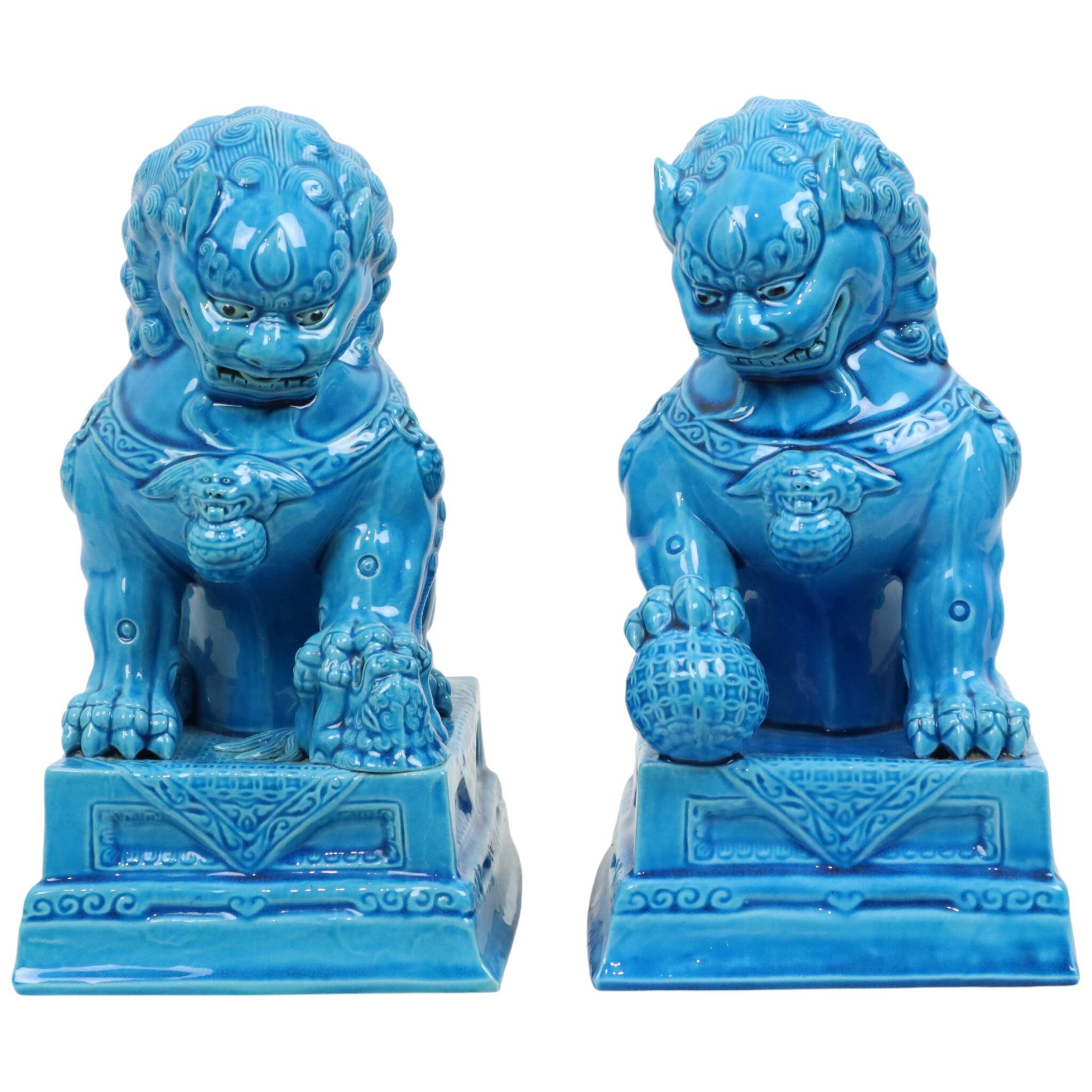 Large Temple Lion Statues Foo Dogs Blue Porcelain 25cm