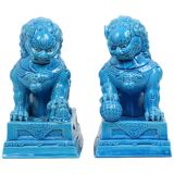 Large Temple Lion Statues Foo Dogs Blue Porcelain 25cm