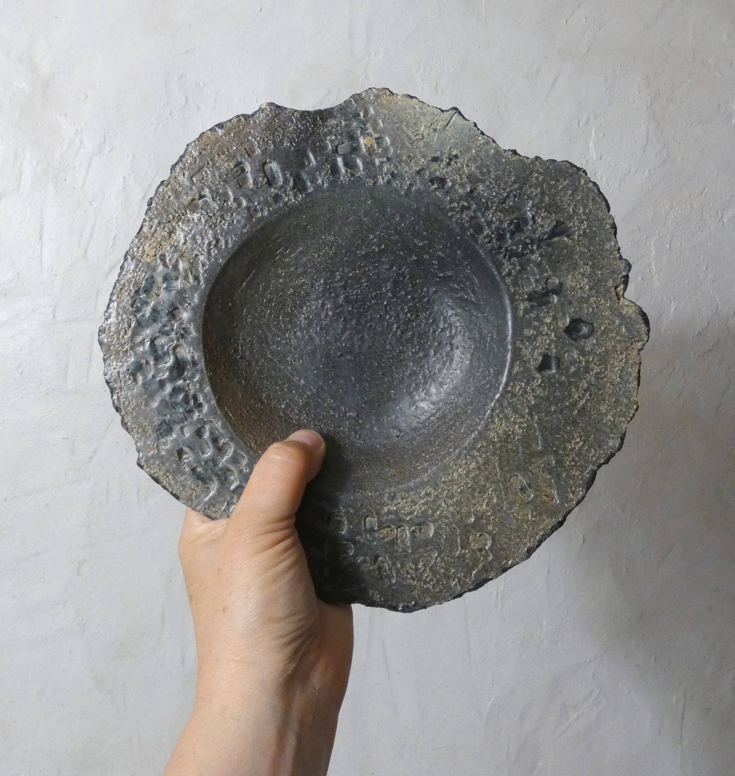 asymmetrical brutalist stoneware bowl signed Vintage