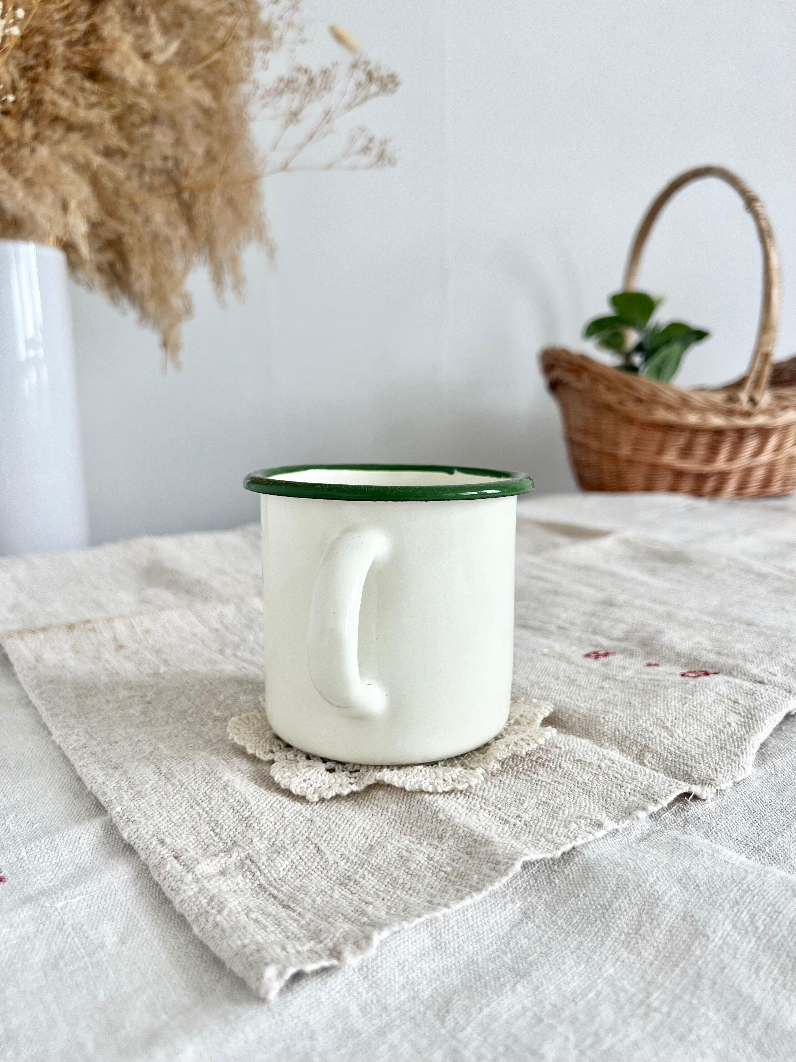 Vintage beige enamelled cup green border olive branch pattern rustic style