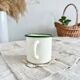 Tasse émaillée vintage beige liseré vert motif branche d'olivier style rustique