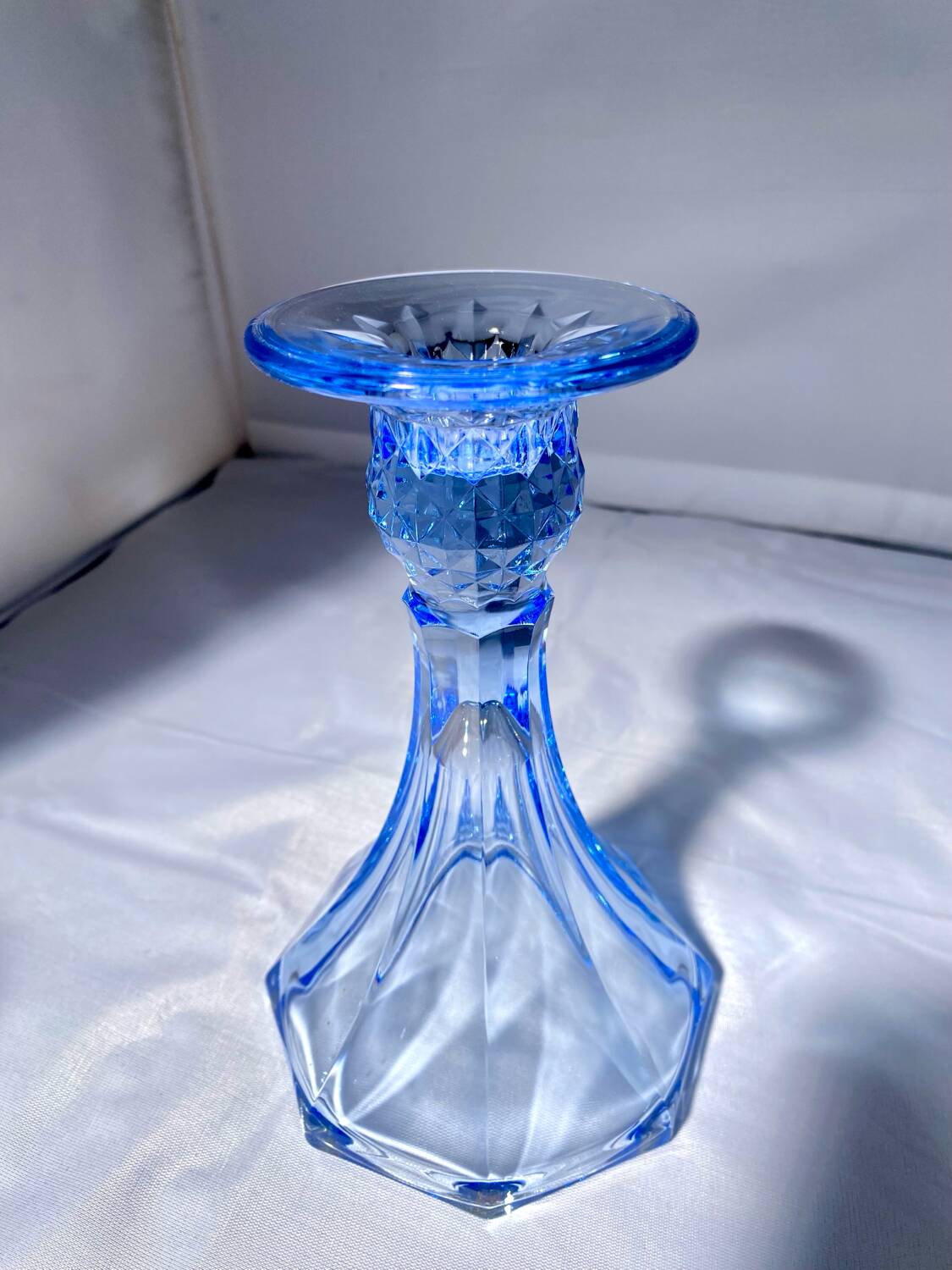 Pair of Jamestown blue Virginia candlesticks or vases by Fostori