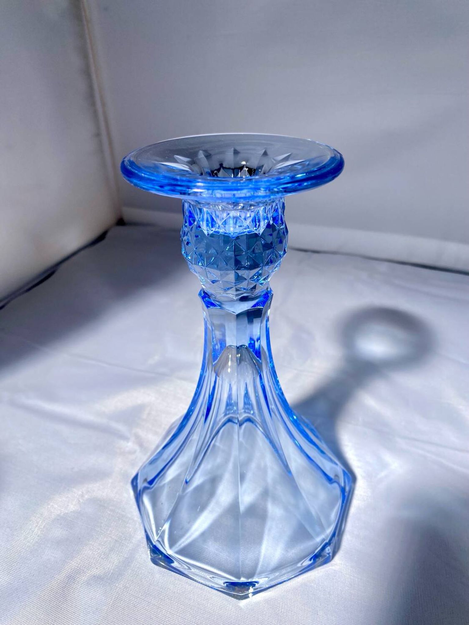 Pair of Jamestown blue Virginia candlesticks or vases by Fostori