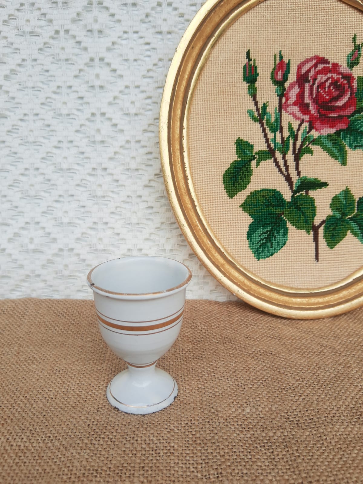 Antique vintage white and gold enamel egg cup