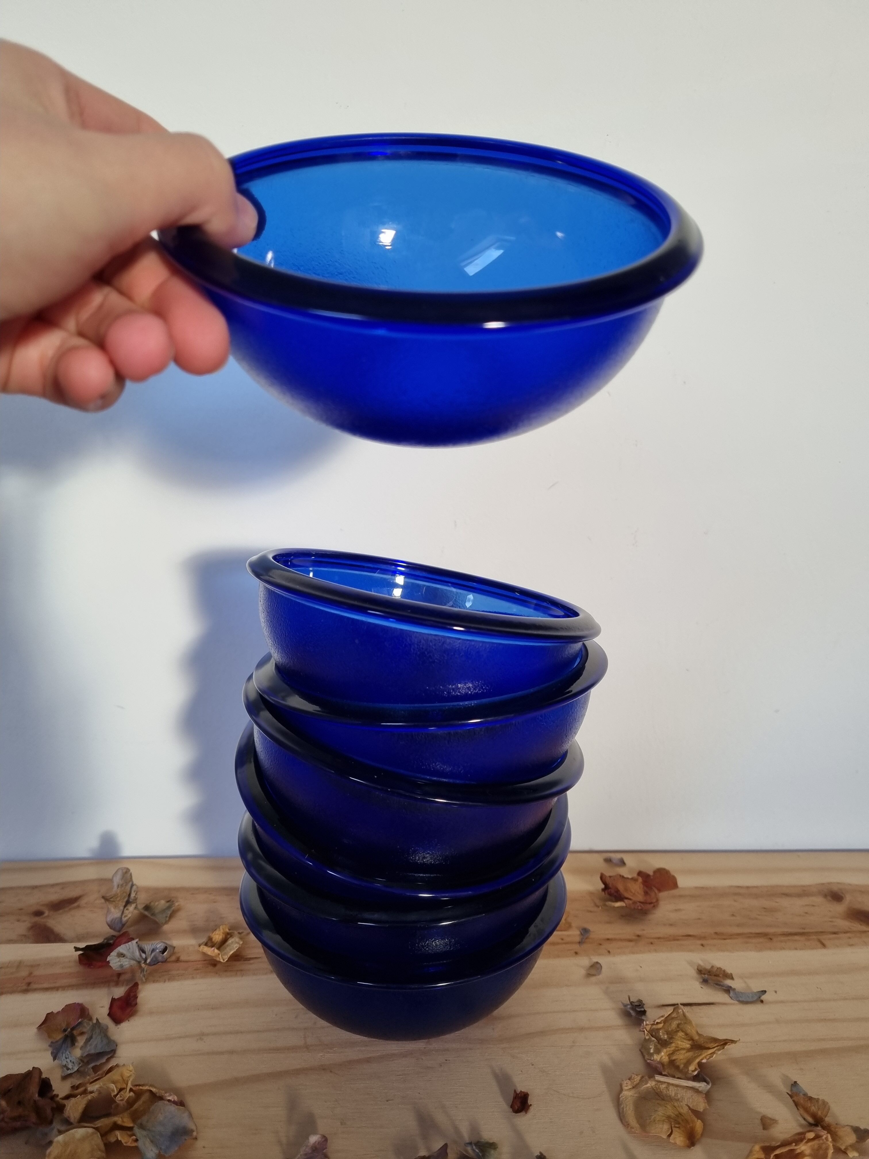 Set of eight ramekin bowls blue glass cups made in vintage France