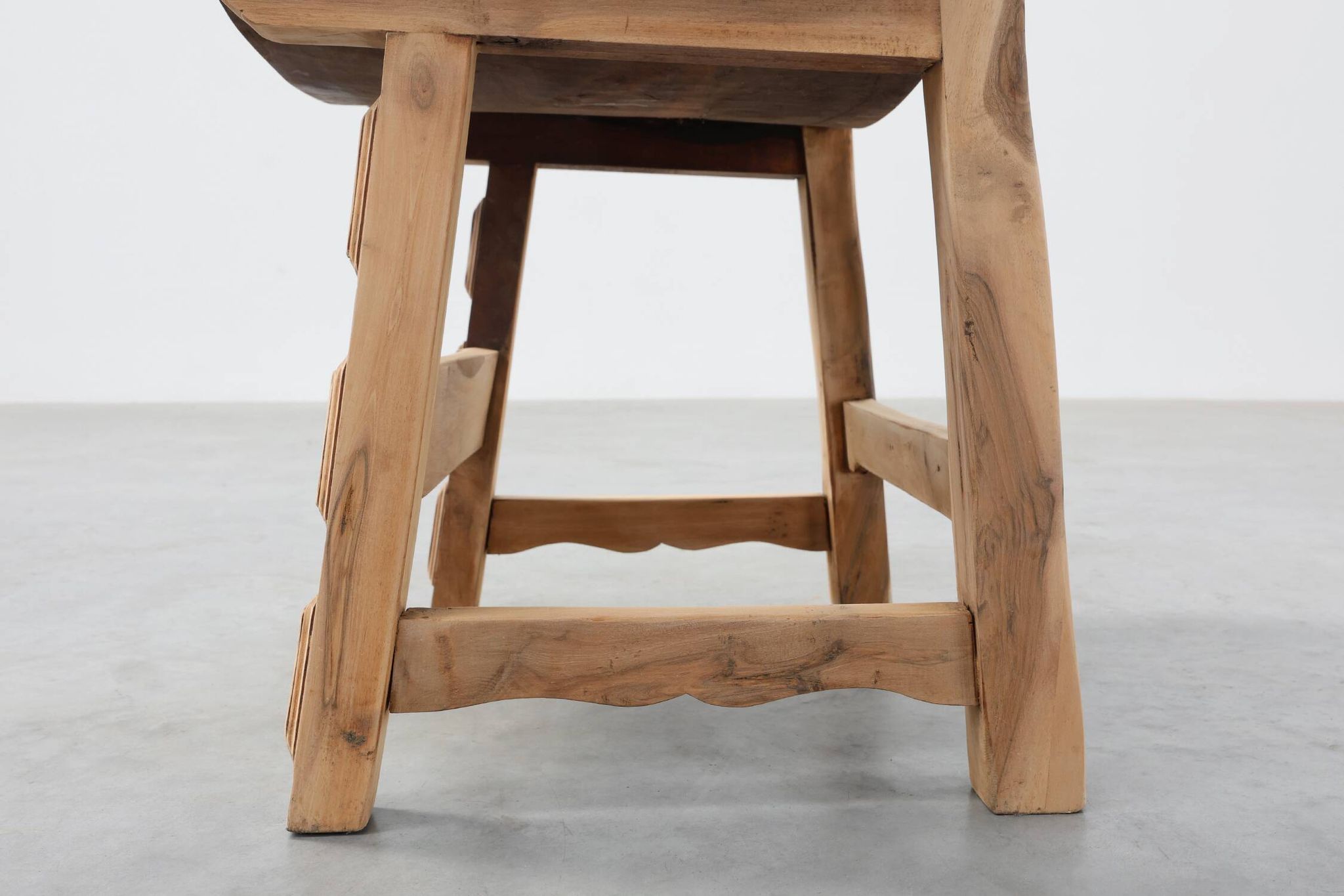 Brutalist armchair with carved rosettes and nailed wooden seat, Spain, 20th