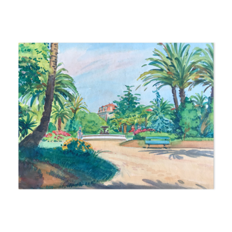 Aquarelle originale de tony minartz (1870-1944) promenade printanière dans un parc de la côte d'azur