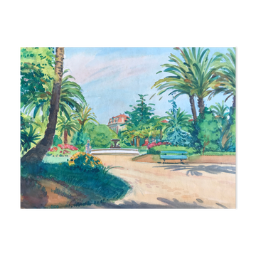 Aquarelle originale de tony minartz (1870-1944) promenade printanière dans un parc de la côte d'azur