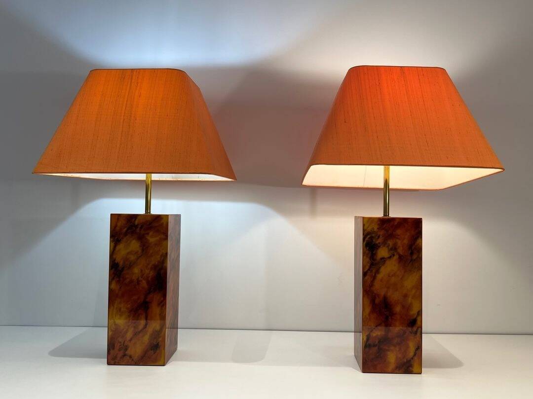 Pair of Plexiglass Lamps Imitating Tortoiseshell, French Work,