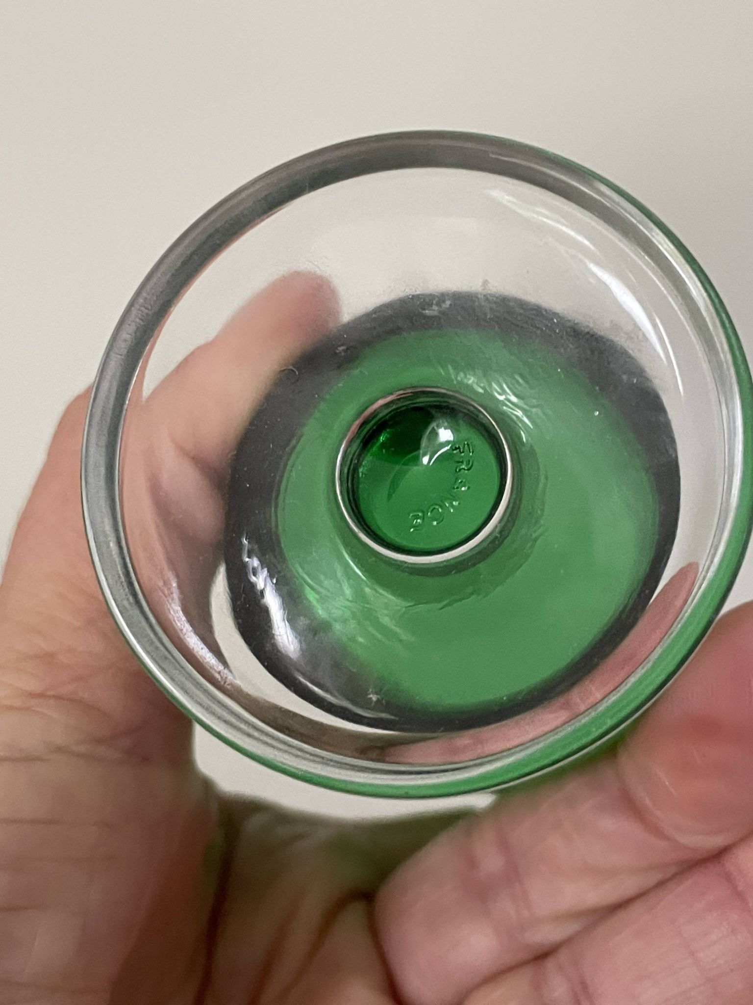 4 Luminarc France stemmed glasses, 1970s, two-tone green