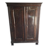 Antique double wardrobe in brown wood, 2 doors and 1 drawer, cornice & pilasters.