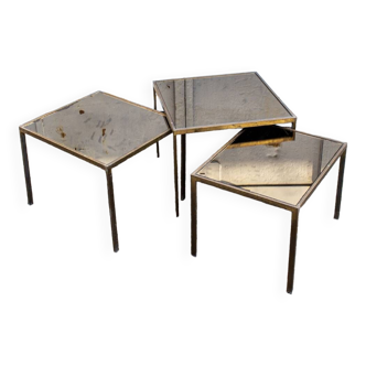 Three small tables in brass and mirrored glass vintage 1960s Italy