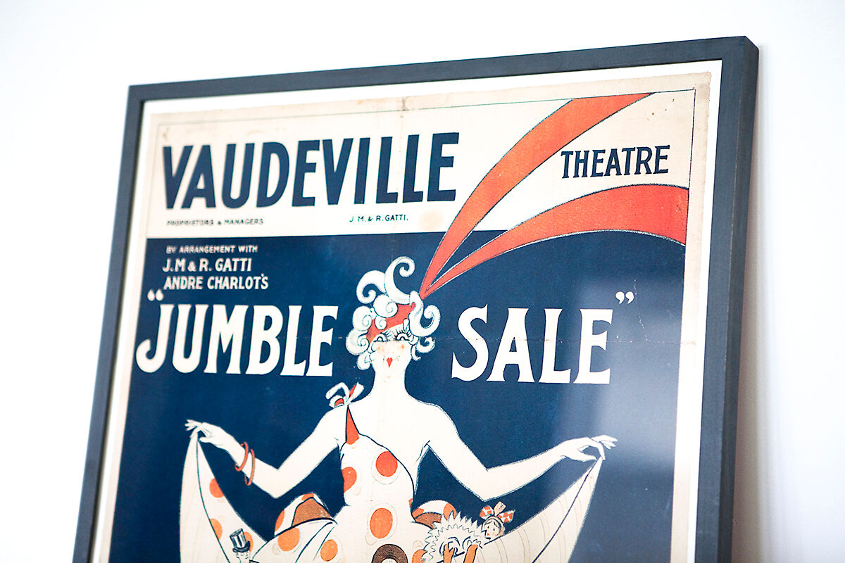 Original, framed, vintage poster, wall art, London's Vaudeville Theatre poster for the show "Jumble Sale"
