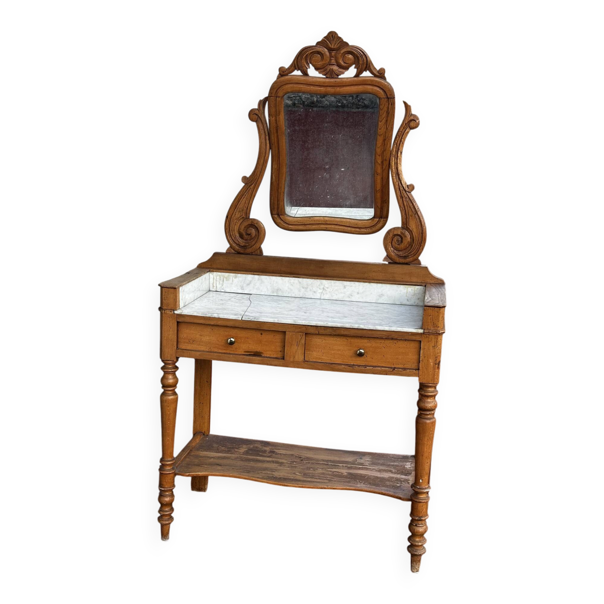 Walnut and marble dressing table, mercury mirror, circa 1850.