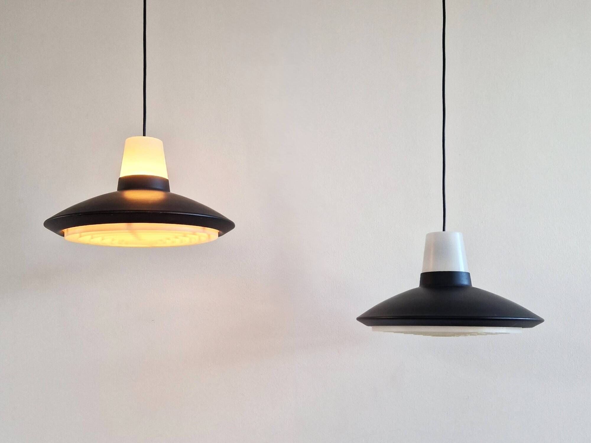 Set of 2 black and white pendant lamps for Nordisk Solar, Denmark 1960's